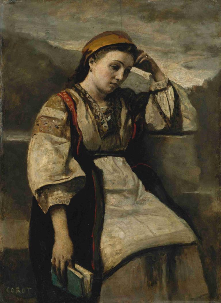 Reverie,Jean-Baptiste-Camille Corot,Pittura ad olio,Pittura ad olio, assolo, 1 ragazza, libro, gioielleria