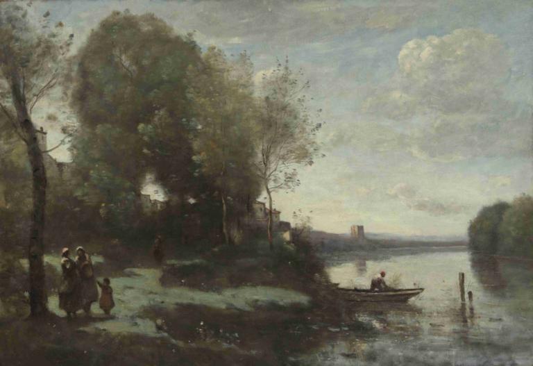 River with a Distant Tower,Fiume con torre lontana,Jean-Baptiste-Camille Corot,Pittura ad olio