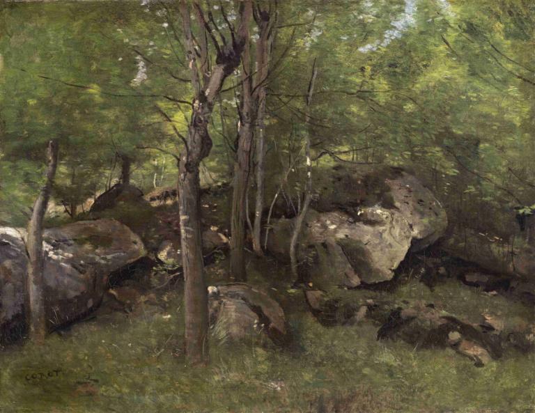 Rocks in the Forest of Fontainebleau,Rocce nella foresta di Fontainebleau,Jean-Baptiste-Camille Corot