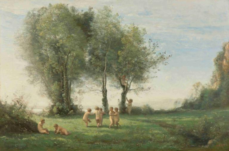 Ronde D'amours; Lever Du Soleil,Jean-Baptiste-Camille Corot,Olieverf,Olieverf, boom, buitenshuis, gras