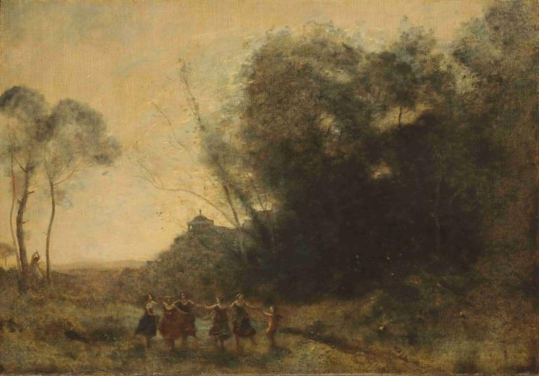 Ronde De Nymphes,Ronde van nimfen,Jean-Baptiste-Camille Corot,Olieverf,Olieverf, boom, paard, buitenshuis