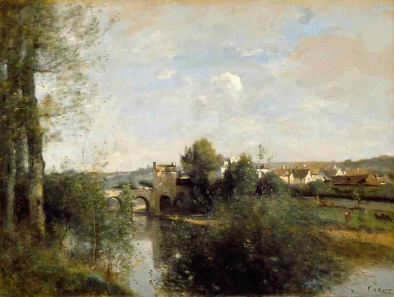 Seine and Old Bridge at Limay,Seine en oude brug bij Limay,Jean-Baptiste-Camille Corot,Olieverf,Olieverf