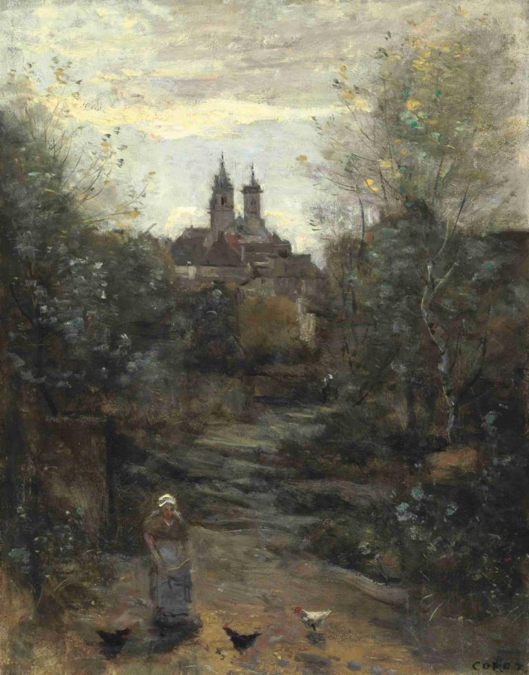 Semur, Le Chemin De L'église,Semur, De kerkstraat,Jean-Baptiste-Camille Corot,Olieverf,Olieverf, vogel, boom