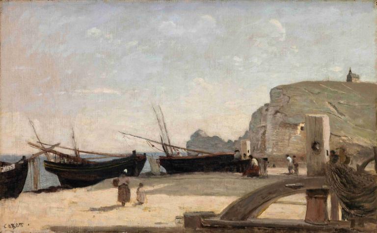 The Beach, Étretat,Plaja, Étretat,Jean-Baptiste-Camille Corot,Pictura in ulei,Pictura in ulei, ambarcațiuni