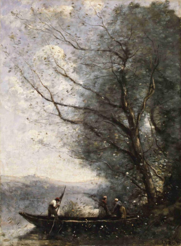 The Ferryman,Ferrymanul,Jean-Baptiste-Camille Corot,Pictura in ulei,Pictura in ulei, copac, ambarcațiuni