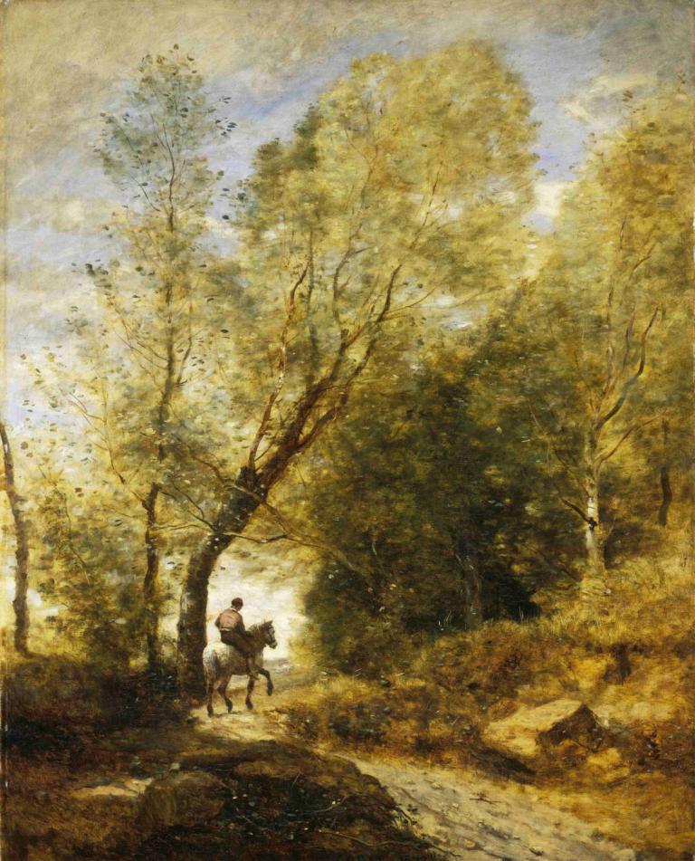 The Forest of Coubron,Pădurea Coubron,Jean-Baptiste-Camille Corot,Pictura in ulei,Pictura in ulei, copac, cal