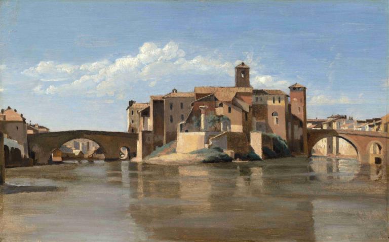 The Island and Bridge of San Bartolomeo,Rome,Jean-Baptiste-Camille Corot,Oil Painting,Oil Painting, sky