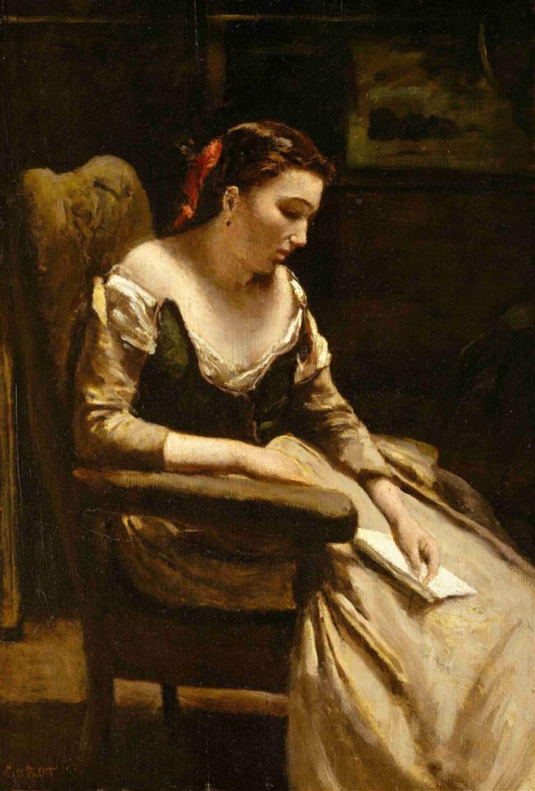 The Letter,Brevet,Jean-Baptiste-Camille Corot,Oljemaleri,Oljemaleri, 1 jente, kunstparodi, solo, sitter, stol