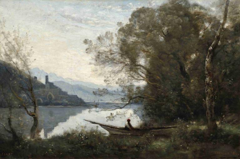 The Moored Boatman - Souvenir of an Italian Lake,Jean-Baptiste-Camille Corot,Oil Painting,Oil Painting, tree