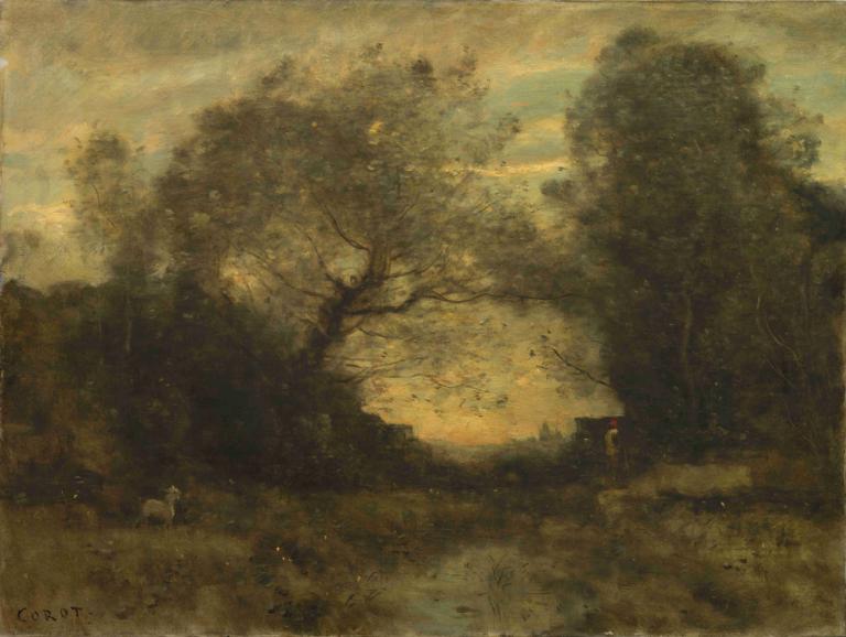 The Pond at the Entrance of the Woods,Jean-Baptiste-Camille Corot,Oil Painting,Oil Painting, tree, scenery