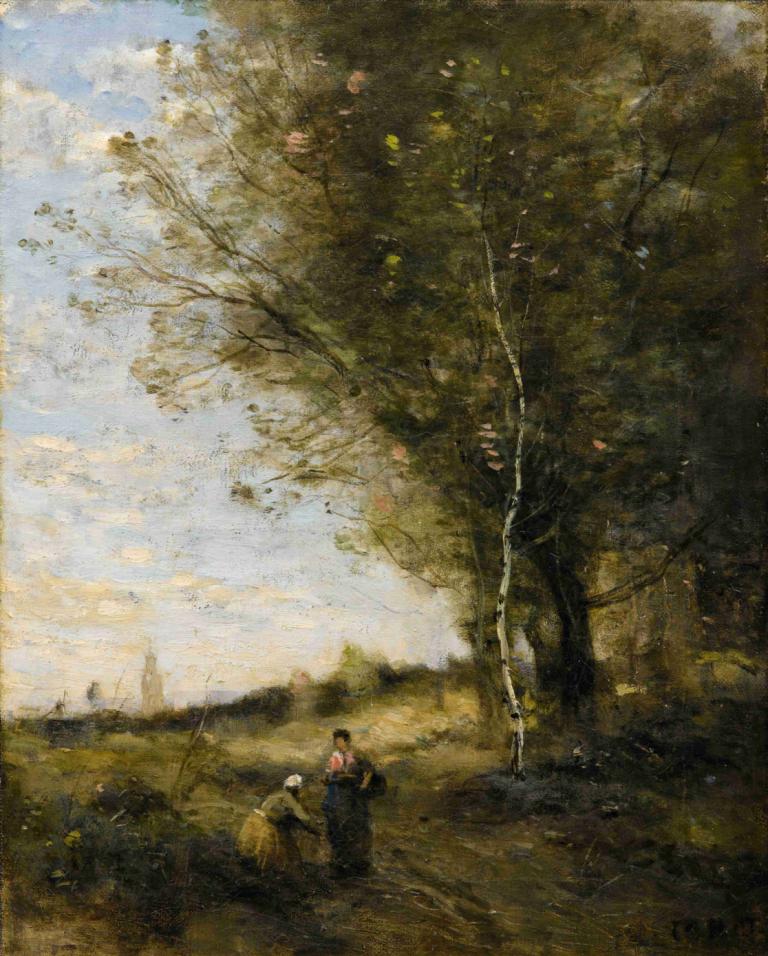 The Wood Collectors,Puun keräilijät,Jean-Baptiste-Camille Corot,Öljymaalaus,Öljymaalaus, puu, ulkona, 1 tyttö