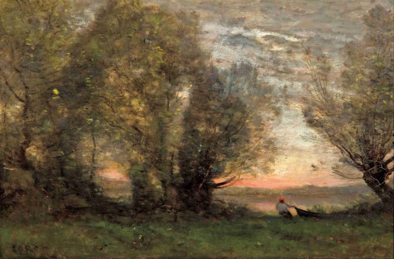 The fisherman- evening effect,Pescarul - efect de seară,Jean-Baptiste-Camille Corot,Pictura in ulei