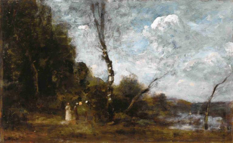 Three Peasant Women By A Wood,Tre contadine vicino a un bosco,Jean-Baptiste-Camille Corot,Pittura ad olio