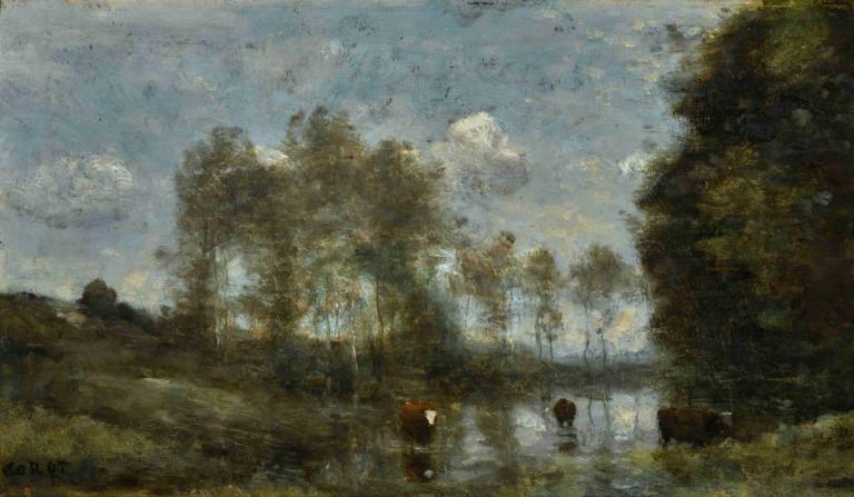 Trois Vaches Dans Un Marais,Jean-Baptiste-Camille Corot,Oil Painting,Oil Painting, tree, scenery, outdoors