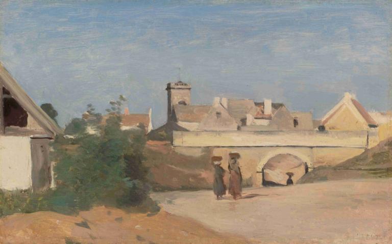 Un Faubourg De Ville,Jean-Baptiste-Camille Corot,Oil Painting,Oil Painting, outdoors, hat, sky, day, scenery