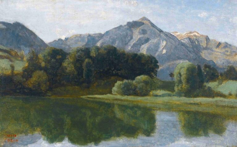 Un Lac De L'oberland,Oberlandské jezero,Jean-Baptiste-Camille Corot,Olejomalba,Olejomalba, žádní lidé, venku