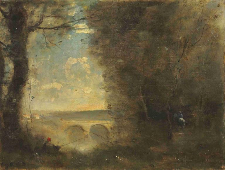 Un Pêcheur À La Ligne, Souvenir Du Pont De Mantes,Jean-Baptiste-Camille Corot,Olieverf,Olieverf, boom