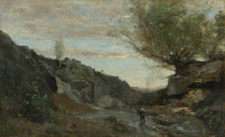 Un Torrent Des Abruzzes,Jean-Baptiste-Camille Corot,Obraz olejny,Obraz olejny, na dworze, drzewo, sceneria