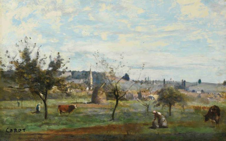 Un Village Des Environs De Mantes,Jean-Baptiste-Camille Corot,Oil Painting,Oil Painting, outdoors, tree