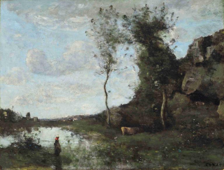 Une Paysanne Et Sa Vache À La Mare En Vue D'un Village,一位农妇和她的牛在池塘边眺望村庄,Jean-Baptiste-Camille Corot