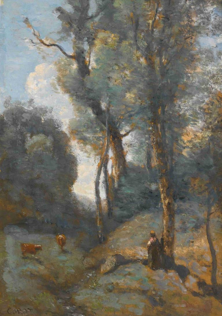 Vachère Sur Un Coteau Boisée,Jean-Baptiste-Camille Corot,Oil Painting,Oil Painting, tree, outdoors, scenery