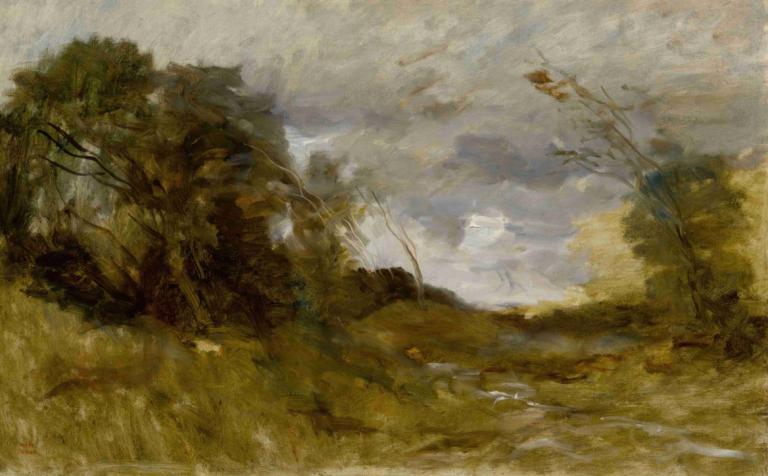 Vallée Solitaire,Jean-Baptiste-Camille Corot,Oil Painting,Oil Painting, scenery, no humans, tree, outdoors