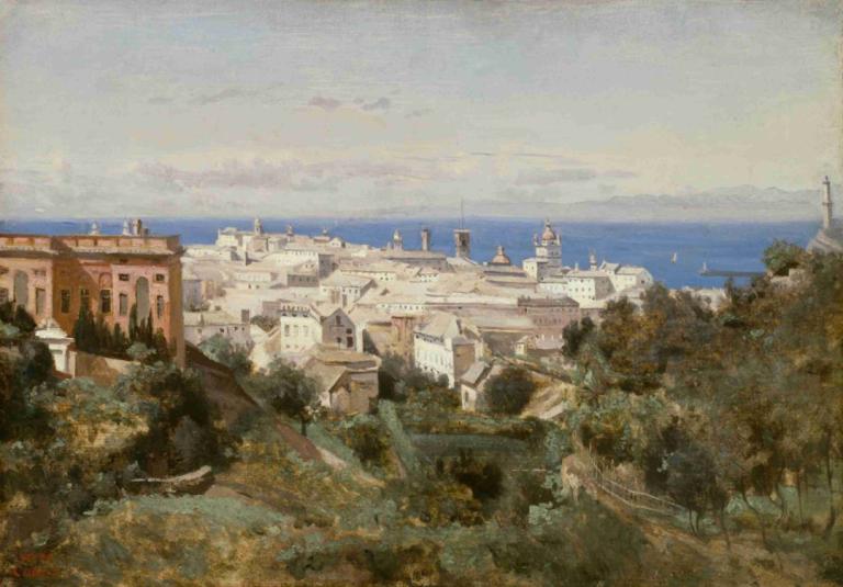 View of Genoa,Utsikt over Genova,Jean-Baptiste-Camille Corot,Oljemaleri,Oljemaleri, ingen mennesker, natur