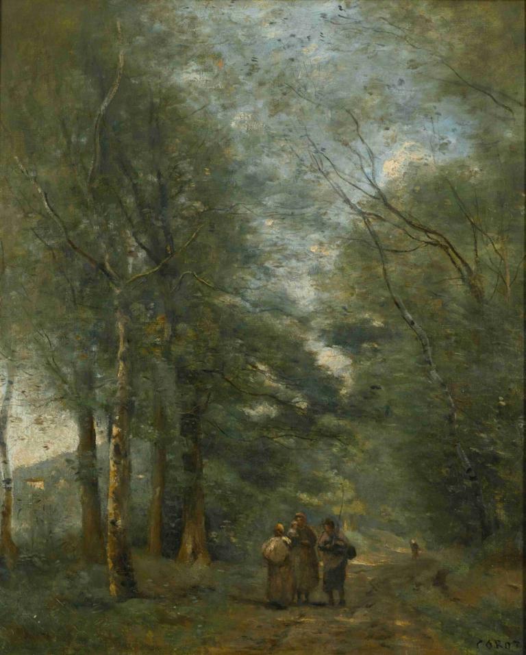 Ville D'avray. Paysans Causant Sur Le Chemin Longeant L'étang,Jean-Baptiste-Camille Corot,Peinture à l'huile