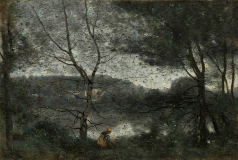 Ville-d'Avray,Jean-Baptiste-Camille Corot,Oljemaleri,Oljemaleri, tre, natur, natur, skog, blondt hår, 1 gutt