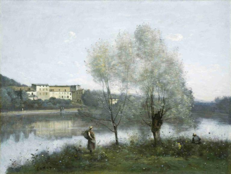 Ville-d'Avray,Jean-Baptiste-Camille Corot,Oljemaleri,Oljemaleri, tre, natur, utendørs, vann, gress