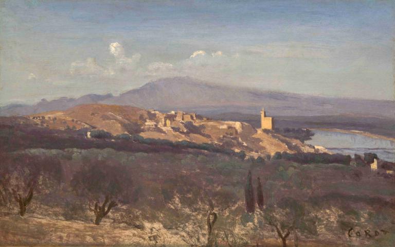 Villeneuve-les-Avignon,Jean-Baptiste-Camille Corot,Oljemaleri,Oljemaleri, natur, utendørs, himmel, tre