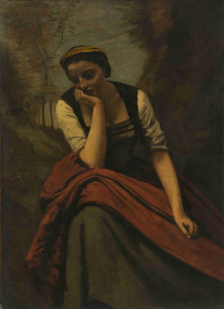 Woman Meditating,Žena meditující,Jean-Baptiste-Camille Corot,Olejomalba,Olejomalba, 1 dívka, sólo, sedící