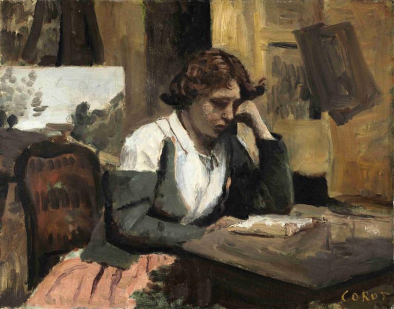 Woman Reading in the Studio,Žena čtení ve studiu,Jean-Baptiste-Camille Corot,Olejomalba,Olejomalba, 1 dívka