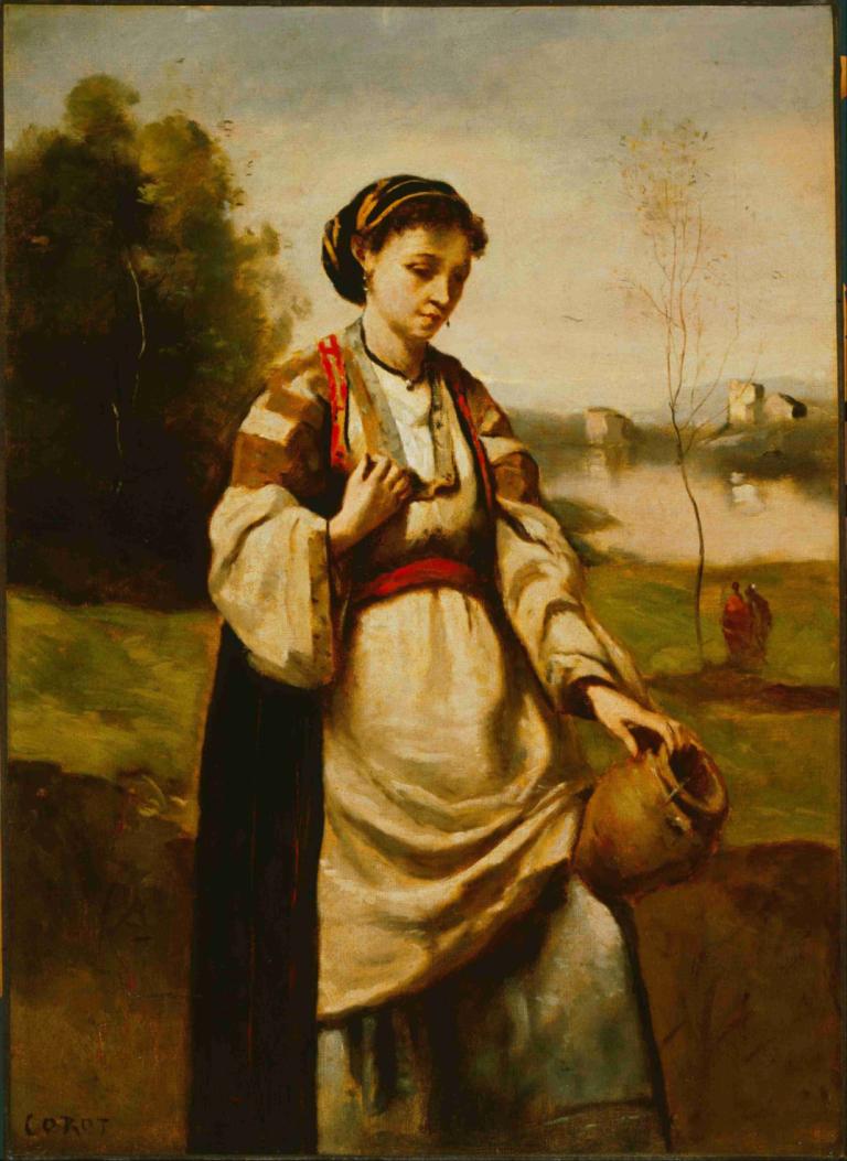 Woman with Water Jar,Žena s vodou Jar,Jean-Baptiste-Camille Corot,Olejomalba,Olejomalba, 1 dívka