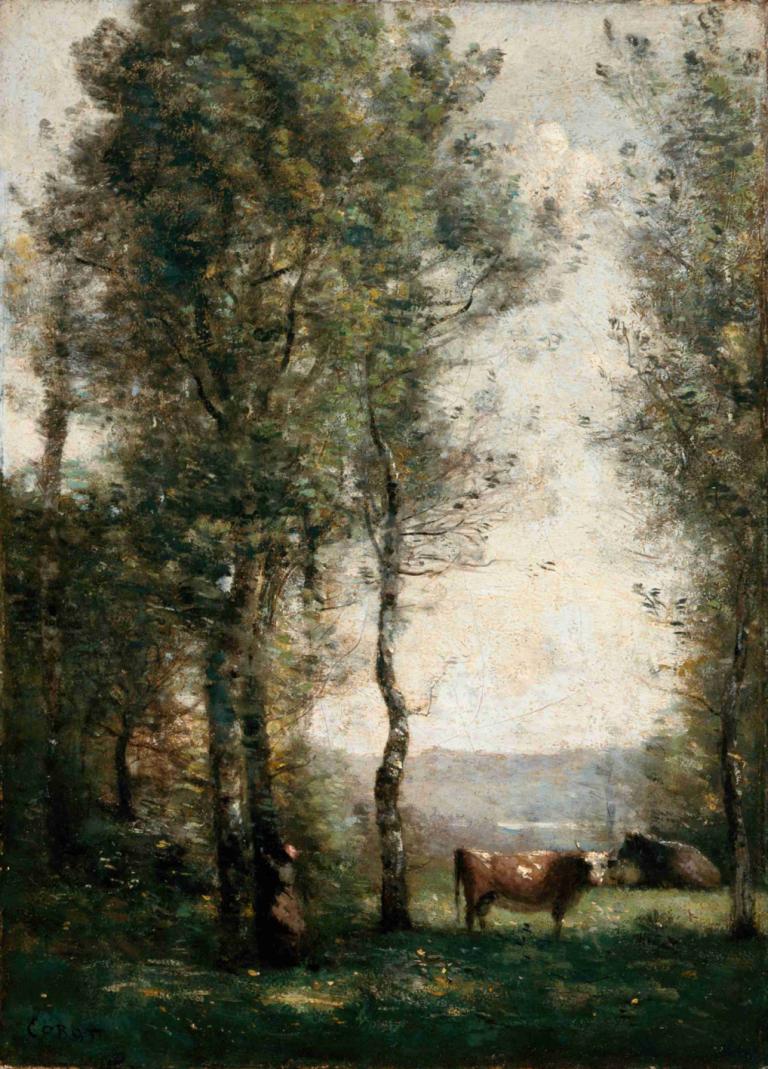 Wooded Landscape with Cows in a Clearing,Skoglandskap med kyr i en lysning,Jean-Baptiste-Camille Corot