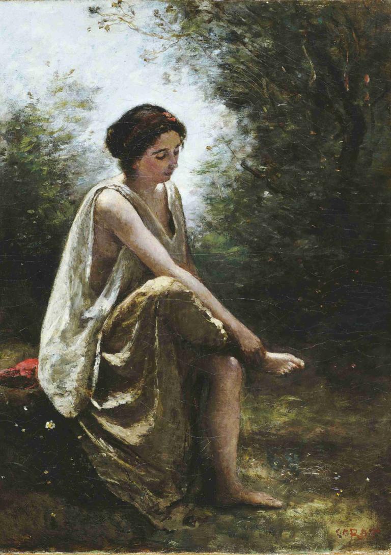 Wounded Eurydice,Zraněná Eurydika,Jean-Baptiste-Camille Corot,Olejomalba,Olejomalba, 1 dívka, sólo, naboso