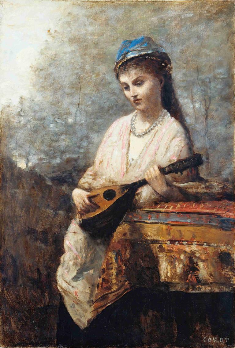 Young Girl with a Mandolin,Mladá dívka s mandolínou,Jean-Baptiste-Camille Corot,Olejomalba,Olejomalba