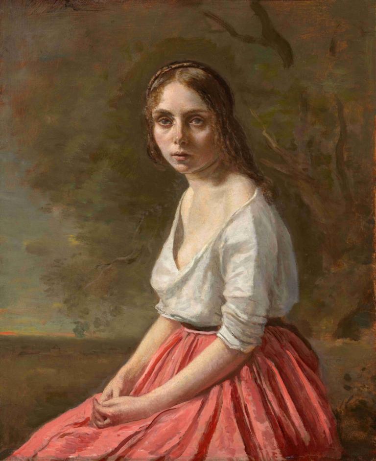 Young Woman In A Pink Skirt,Mladá žena V Růžové Sukni,Jean-Baptiste-Camille Corot,Olejomalba,Olejomalba