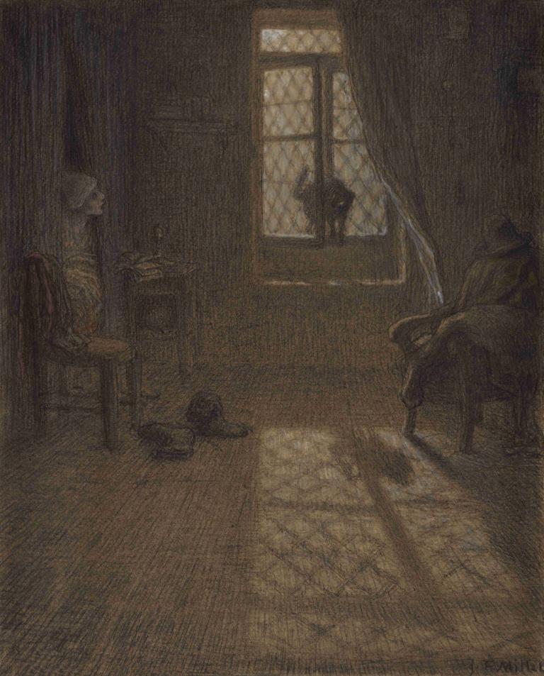 'Le chat' or The Cat at the Window,Jean-François Millet,Oil Painting,Oil Painting, window, chair, indoors