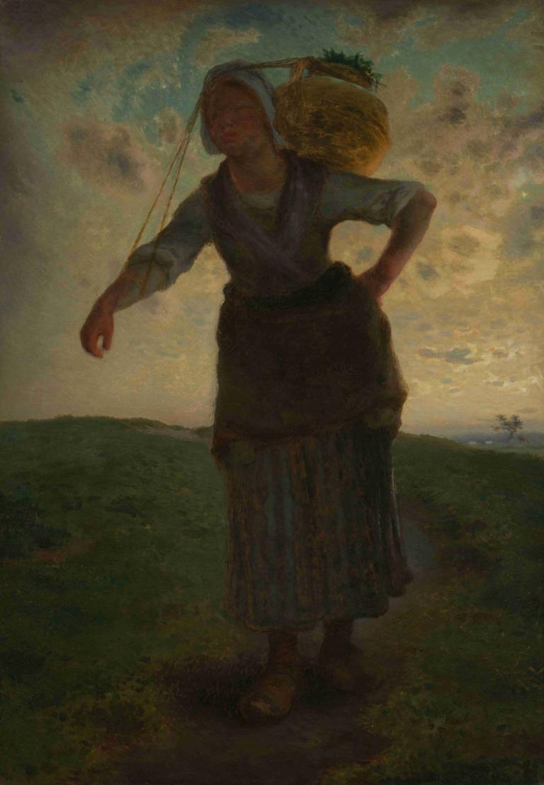 A Norman Milkmaid at Gréville,Jean-François Millet,Oil Painting,Oil Painting, solo, basket, 1girl, outdoors