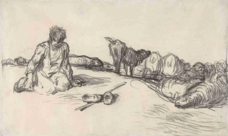 A Seated Shepherd with His Dog and Sheep,Jean-François Millet,Sketch,Sketch, monochrome, 1boy, male focus