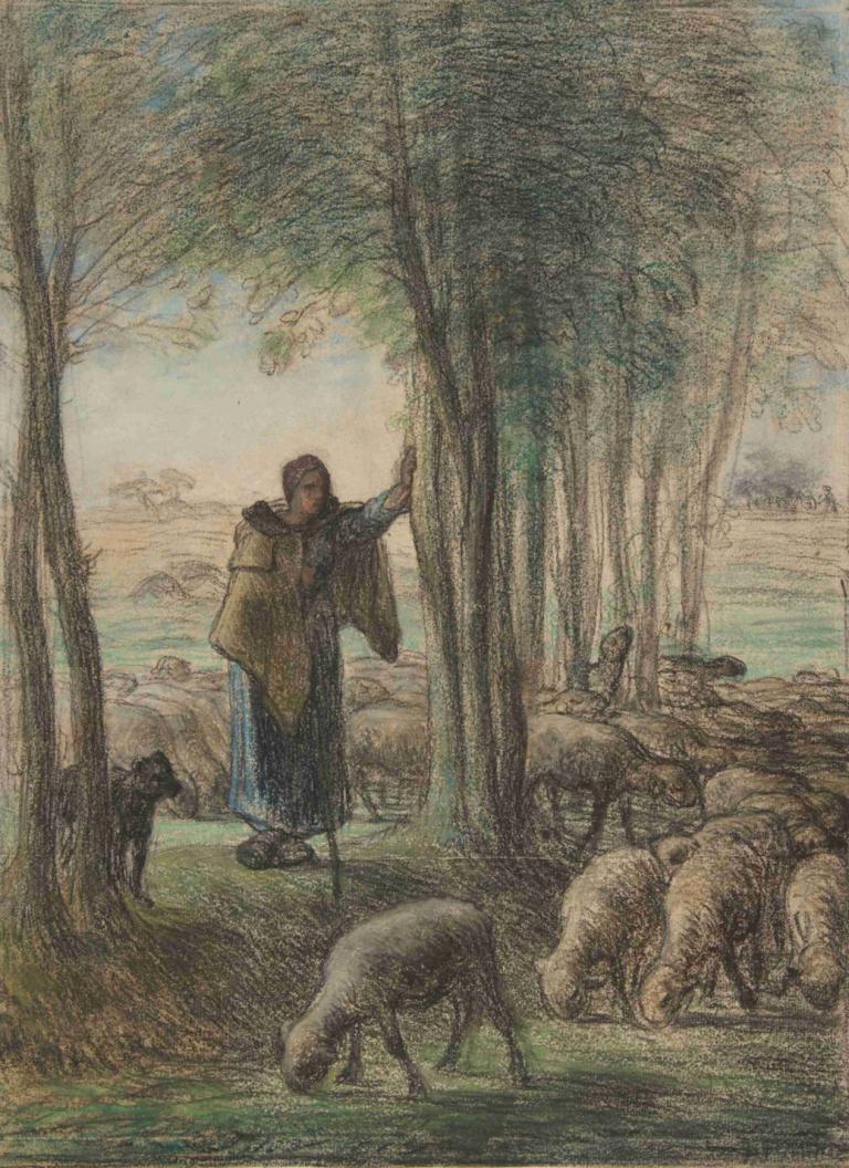 A Shepherdess and Her Flock in the Shade of Trees,Jean-François Millet,Oil Painting,Oil Painting, tree, 1girl