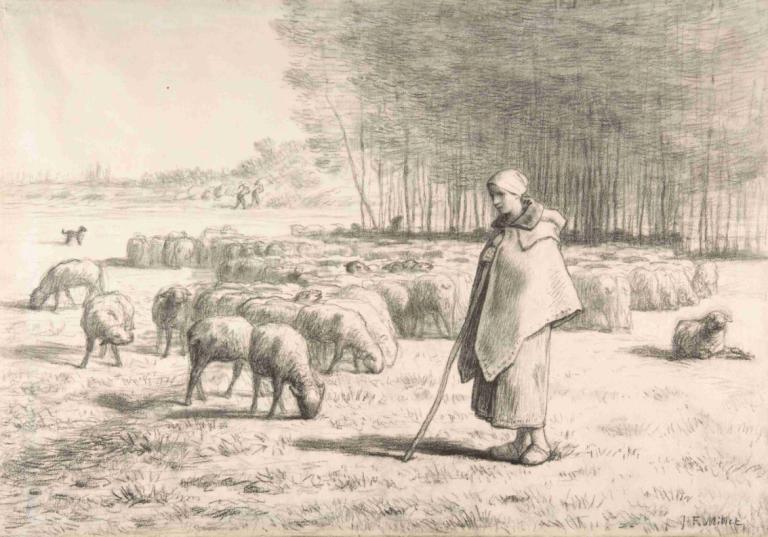 A Shepherdess with Her Flock,En hyrdinde med sin flok,Jean-François Millet,Skitse,Skitse, monokrom, natur