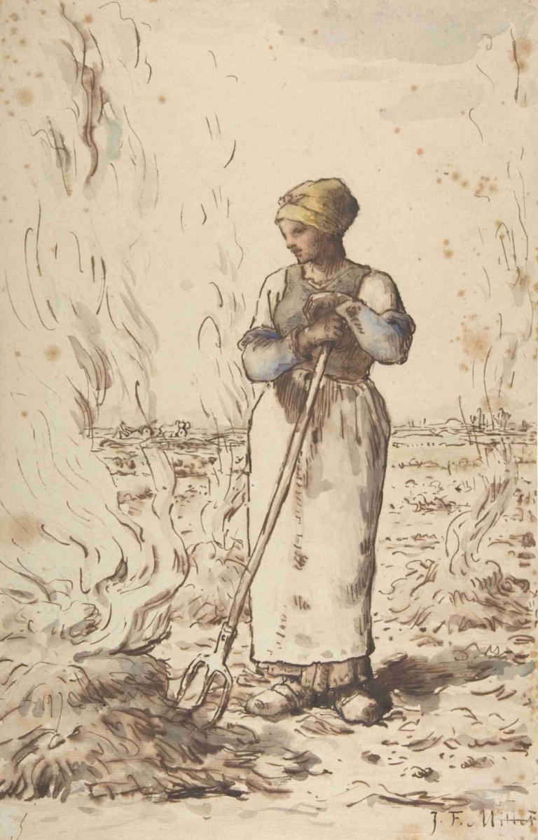 A Woman Burning Weeds,雑草を燃やす女,Jean-François Millet,ジャン＝フランソワ・ミレー,スケッチ,スケッチ, ソロ, ホールディング, 1女の子, 立っている, ドレス, 長袖