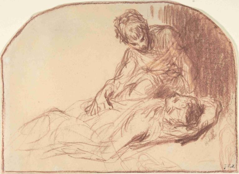 A Young Man Seated, Bent over a Reclining Figure,Jean-François Millet,Sketch,Sketch, 1girl, 1boy, monochrome