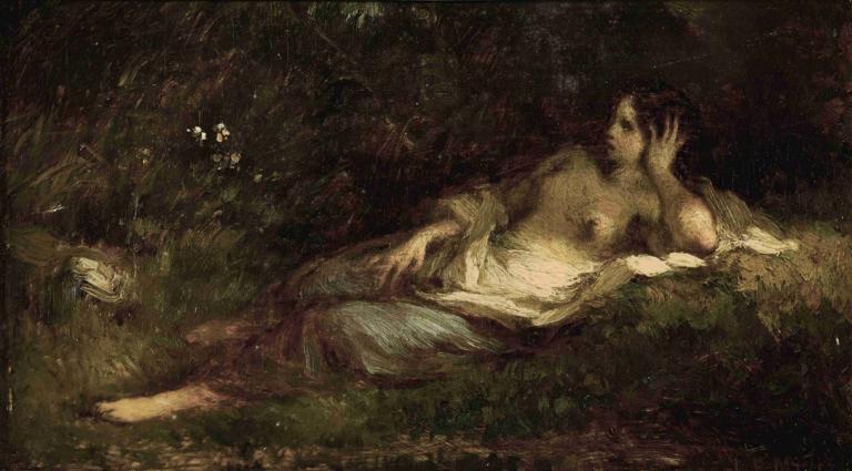 Au repos,Jean-François Millet,Oil Painting,Oil Painting, 1girl, solo, breasts, nipples, lying, on side