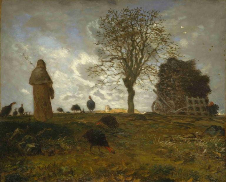 Autumn Landscape with a Flock of Turkeys,Podzimní krajina s hejnem krůt,Jean-François Millet,Olejomalba