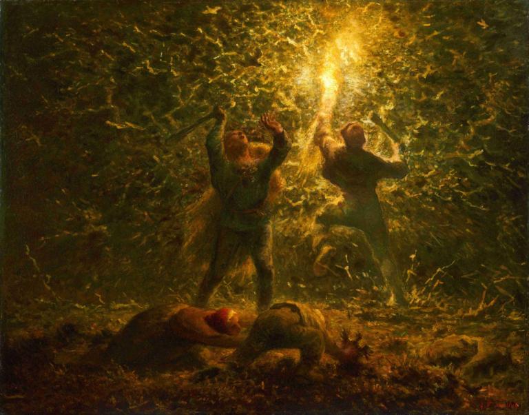 Bird's-Nesters,Jean-François Millet,Oil Painting,Oil Painting, multiple boys, weapon, nature, holding, forest