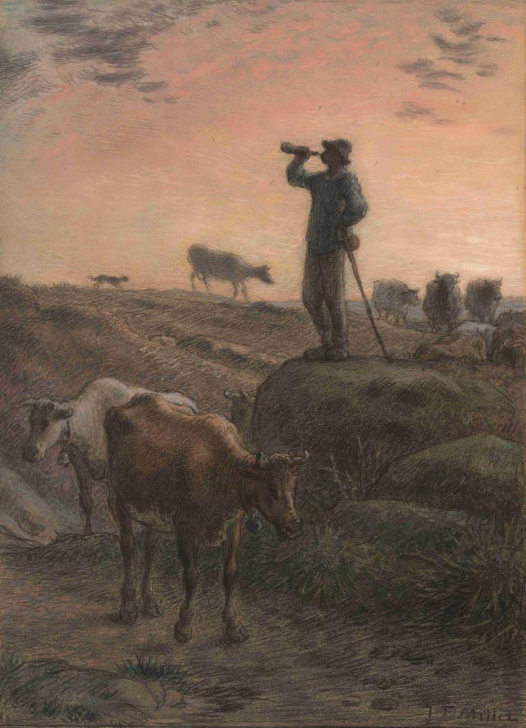 Calling Home the Cows,Jean-François Millet,Oil Painting,Oil Painting, 1boy, hat, male focus, outdoors, weapon