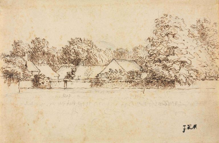 Cottages,Jean-François Millet,Sketch,Sketch, tree, monochrome, no humans, scenery, outdoors, traditional media